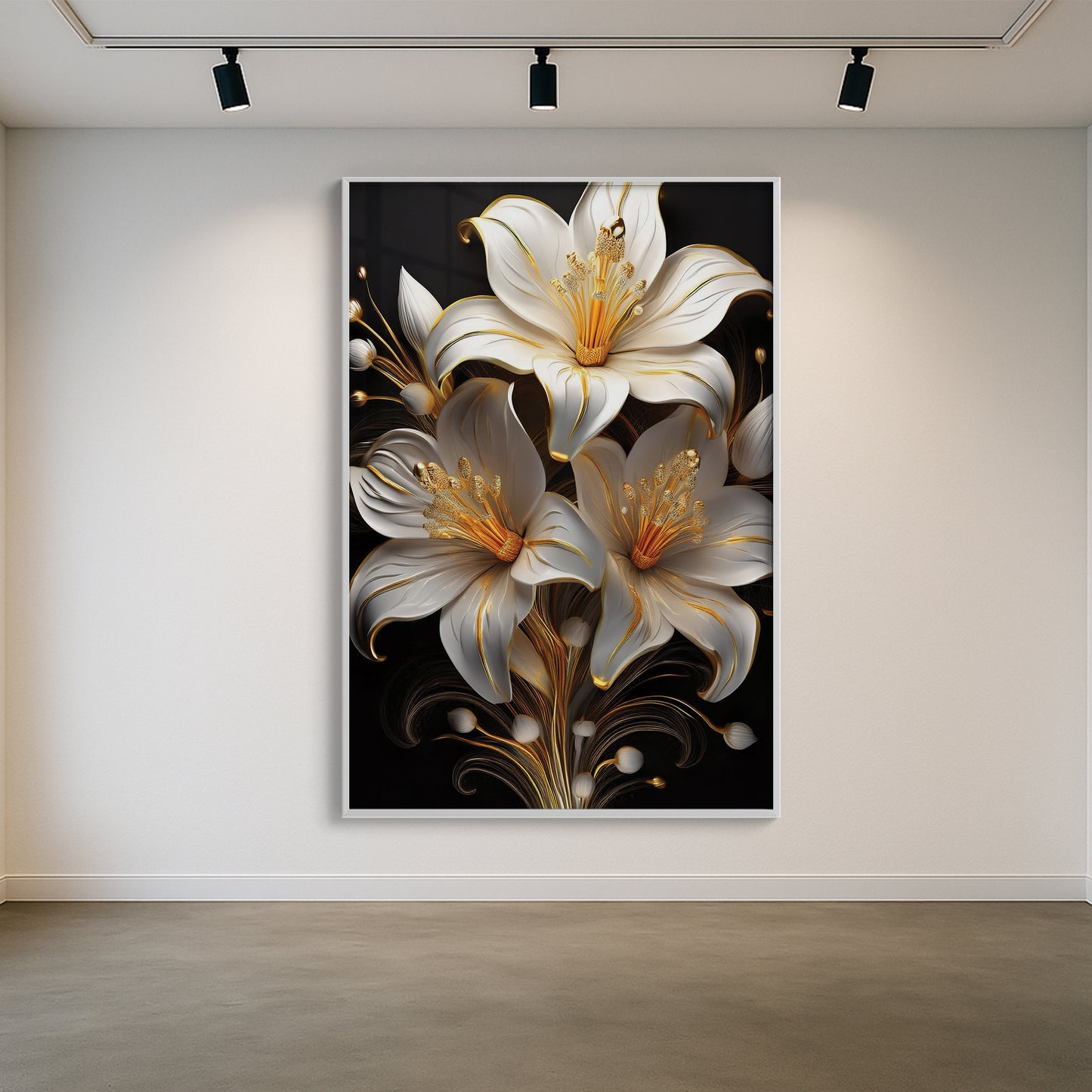 Elegant White & Gold Lily Metal Framed Wall Art – Modern Floral Luxury