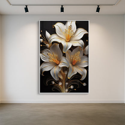 Elegant White & Gold Lily Metal Framed Wall Art – Modern Floral Luxury
