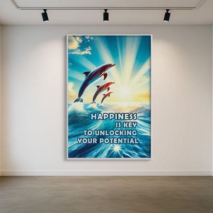 Happiness Unleashed – Dolphin Sunrise Inspirational Wall Art