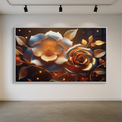 Golden Rose & Light Bloom Metal Framed Wall Art – Radiant Luxury Design