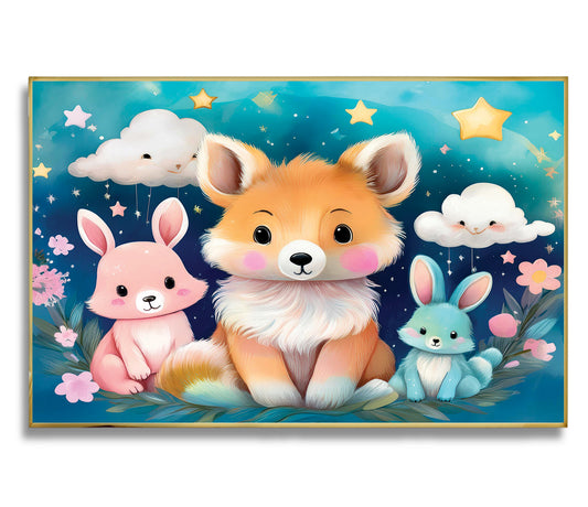 Fox & Bunny Woodland Friends Under a Starry Sky – Kids Animal Wall Art