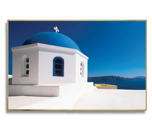 Santorini Blue Dome Church – Greek Island Wall Art, Minimal Coastal Icon