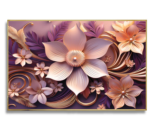 Light pink and purple floral wall art with golden accents, framed in metal for a romantic and sophisticated home décor style.