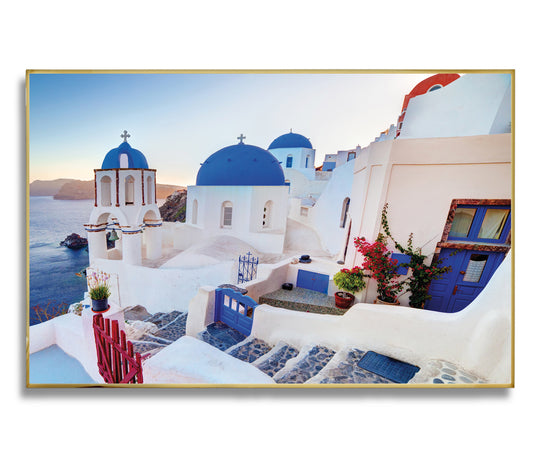 Oia Sunset View – Santorini Dome Church Wall Art, Greece Blue and White Village Decor