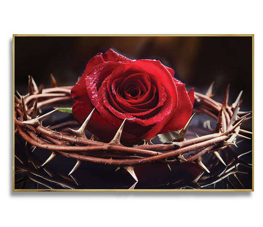Red rose in a crown of thorns on a dark background