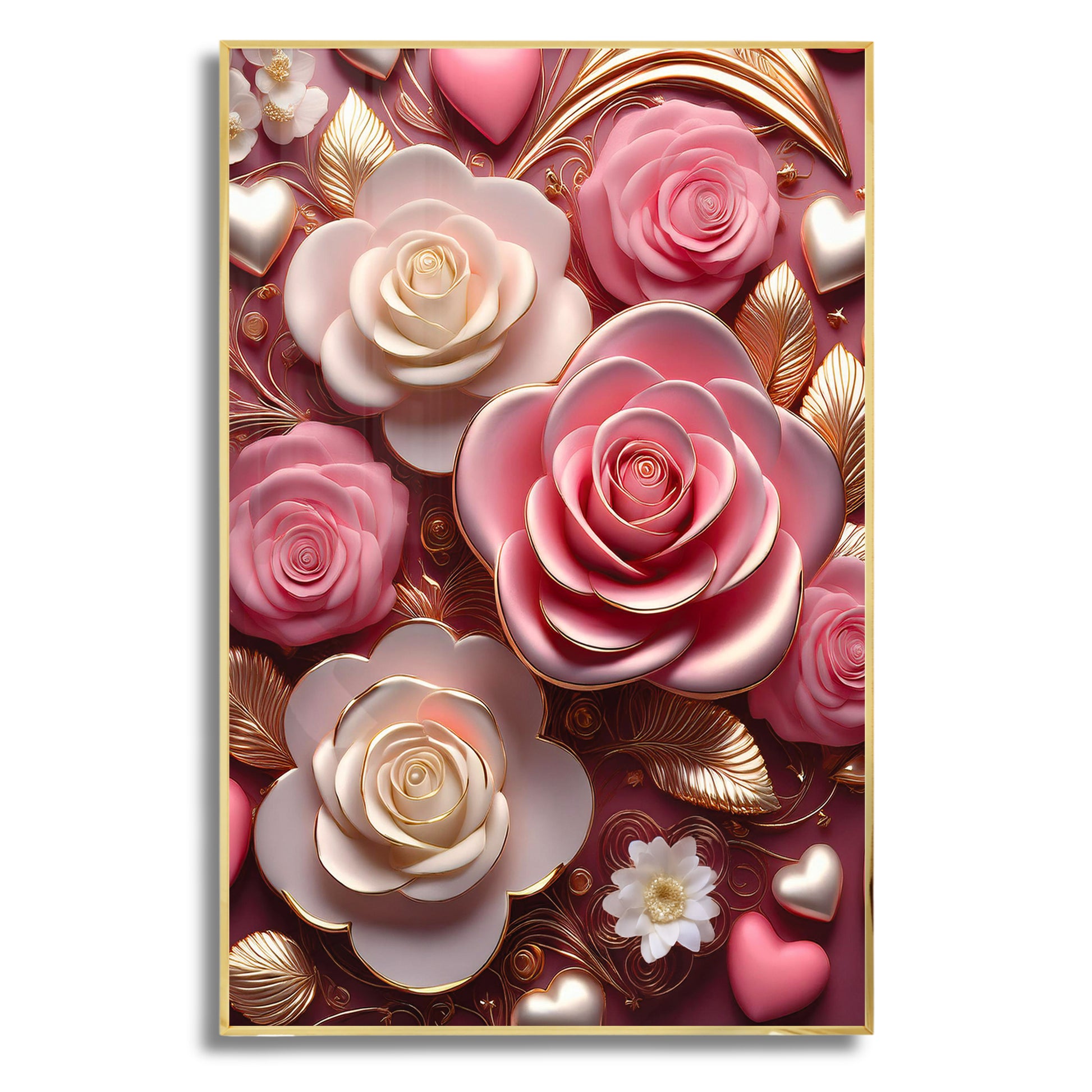 Pink and white rose floral wall art with golden highlights, framed in metal for romantic and luxurious home décor.