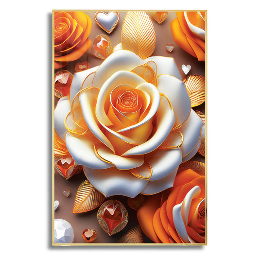 Yellow and white rose floral wall art with golden accents, framed in metal for luxury and vibrant home décor.