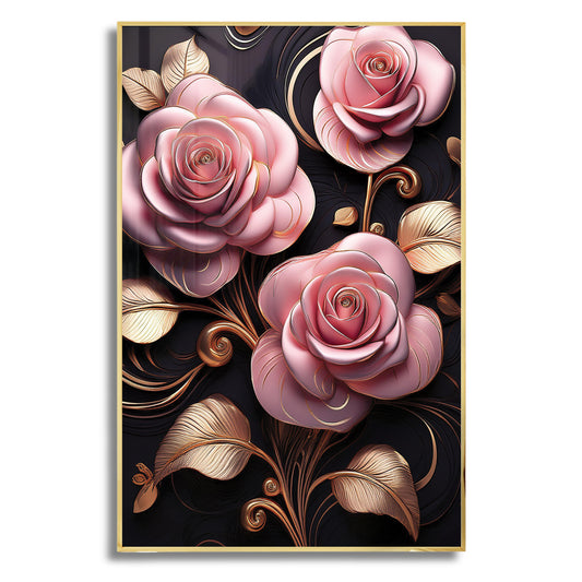Dusty pink rose floral wall art with golden accents on a dark background, framed in metal for luxury home décor.