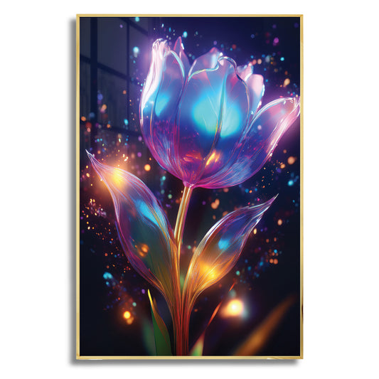 Blue radiant tulip floral wall art with glowing highlights in blue, purple, and gold, framed in metal for luxury modern décor.