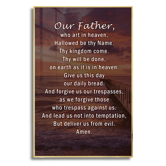 The Lord’s Prayer (Our Father) scripture wall art over ocean sunset, framed in metal Christian décor.