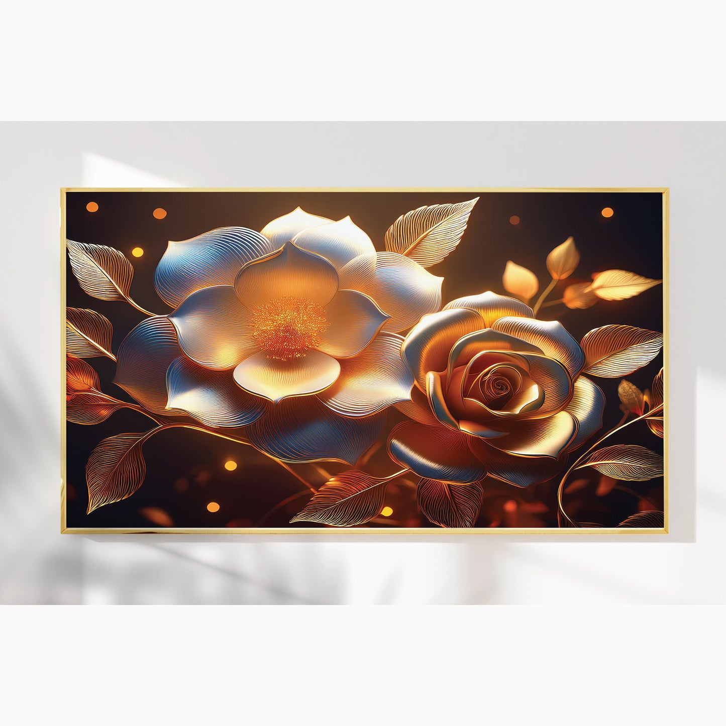 Golden Rose & Light Bloom Metal Framed Wall Art – Radiant Luxury Design