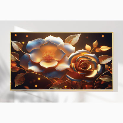 Golden Rose & Light Bloom Metal Framed Wall Art – Radiant Luxury Design