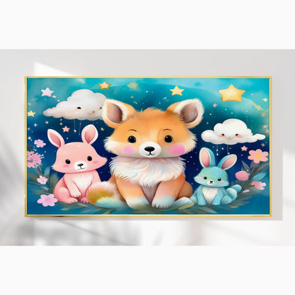 Fox & Bunny Woodland Friends Under a Starry Sky – Kids Animal Wall Art