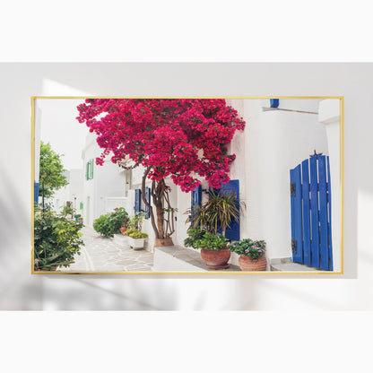 Cycladic Bloom – Bougainvillea Street Wall Art, Greek Island Floral Escape