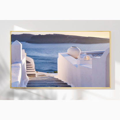 Elegant Staircase in Santorini – Sunset View Over Aegean Horizon