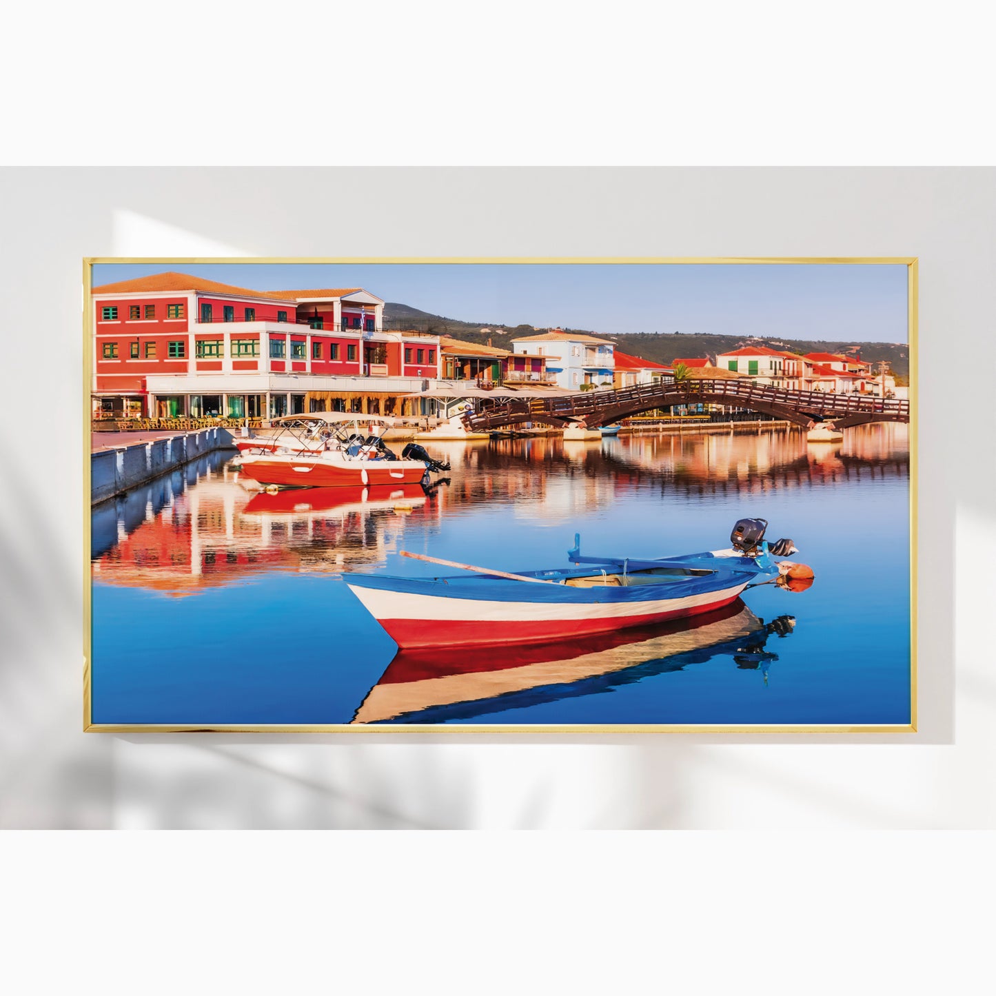 Lefkada Harbor – Greek Fishing Village Wall Art, Colorful Waterfront Scene