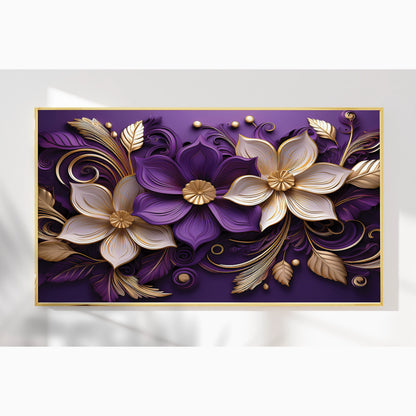 Luxury Purple & Gold Floral Metal Framed Wall Art – Elegant Botanical Design