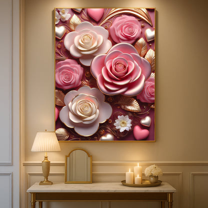 Romantic Pink & White Rose Metal Framed Wall Art – Luxury Floral Design