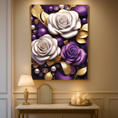 Elegant Purple & White Rose Metal Framed Wall Art – Modern Luxury Décor