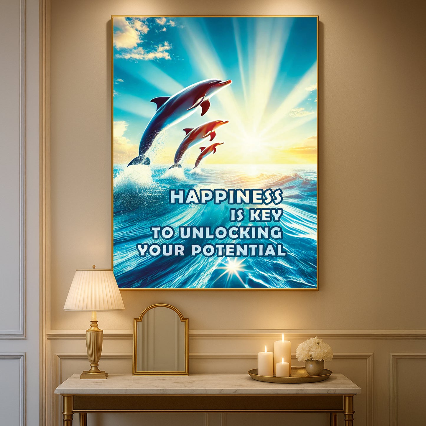 Happiness Unleashed – Dolphin Sunrise Inspirational Wall Art