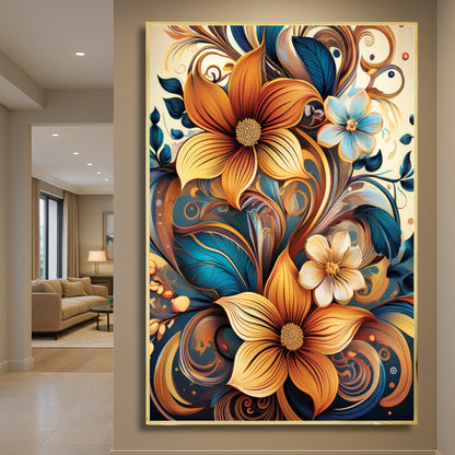 Golden & Cream Floral Metal Framed Wall Art – Elegant Botanical Design