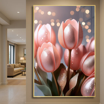 Blush Pink Tulip Bouquet Metal Framed Wall Art – Romantic Modern Décor