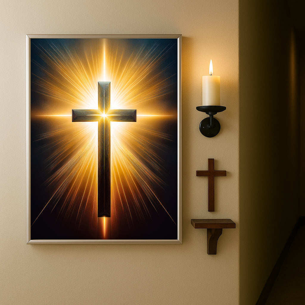 Radiant Cross Wall Art – Golden Light Christian Décor