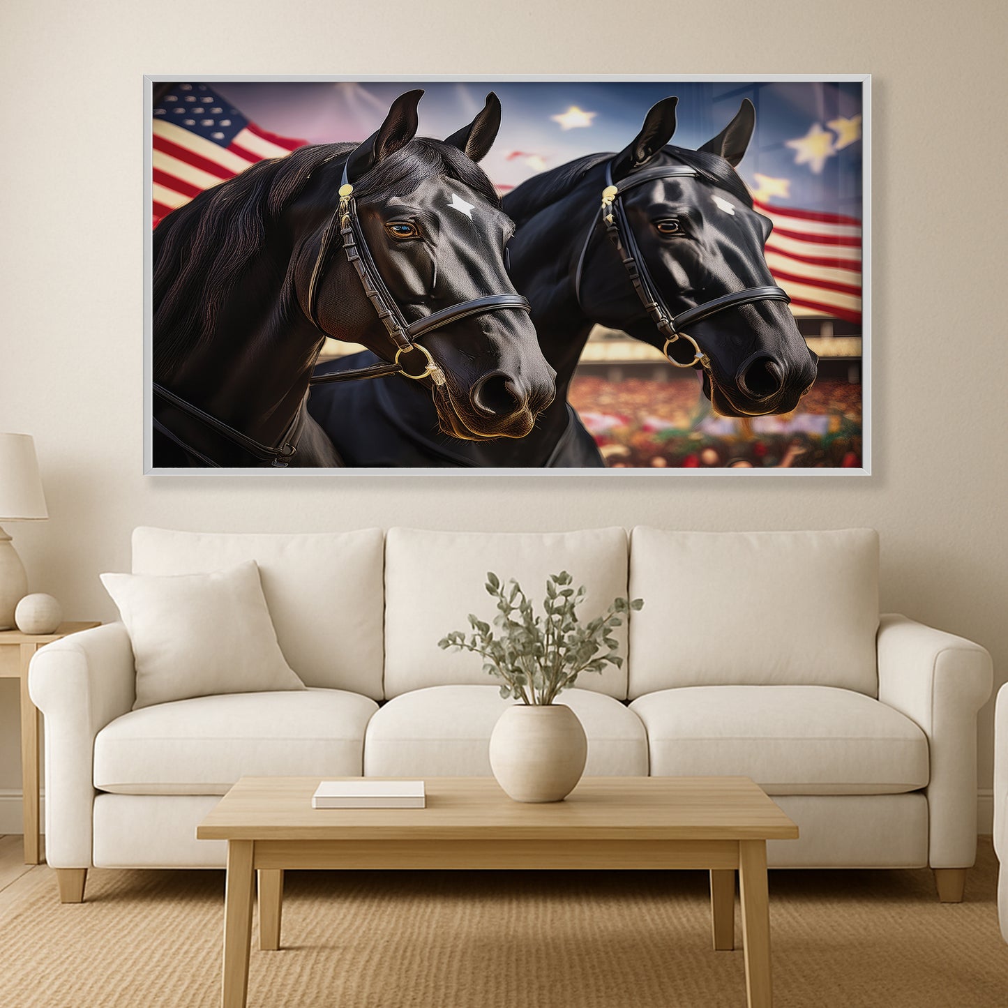 American Pride – Black Percheron Draft Duo with Flags