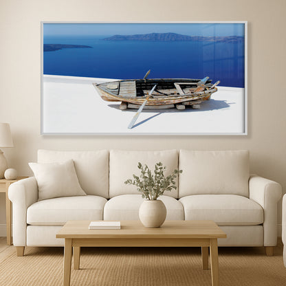 Aged Boat Overlooking Santorini Coast – Mediterranean Minimalist Wall Art Print