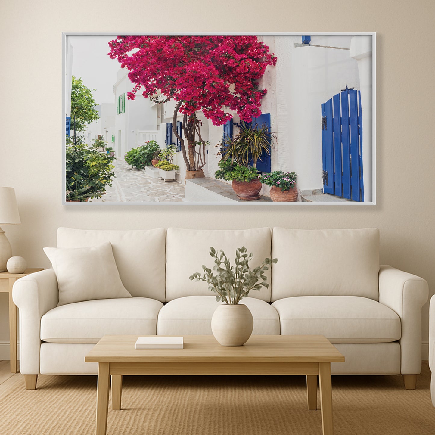 Cycladic Bloom – Bougainvillea Street Wall Art, Greek Island Floral Escape