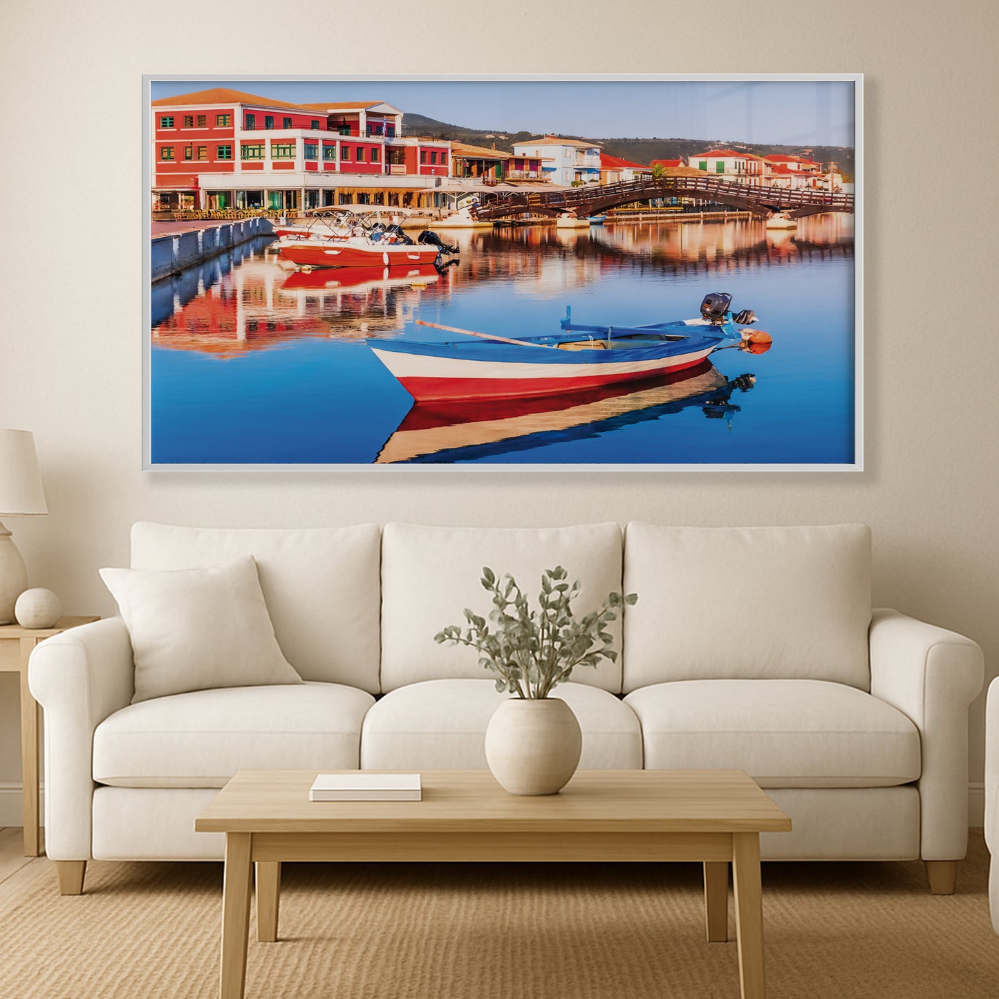 Lefkada Harbor – Greek Fishing Village Wall Art, Colorful Waterfront Scene
