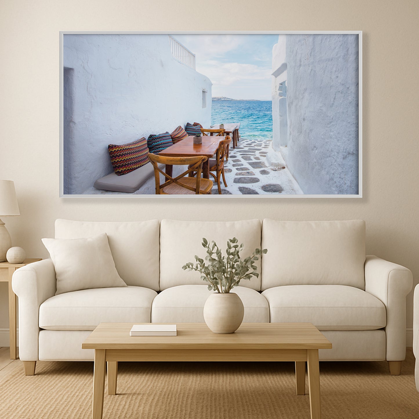 Mykonos Seaside Cafe – Greek Island Alleyway Wall Art, Coastal Dining View