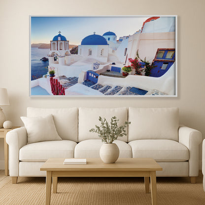 Oia Sunset View – Santorini Dome Church Wall Art, Greece Blue and White Village Decor