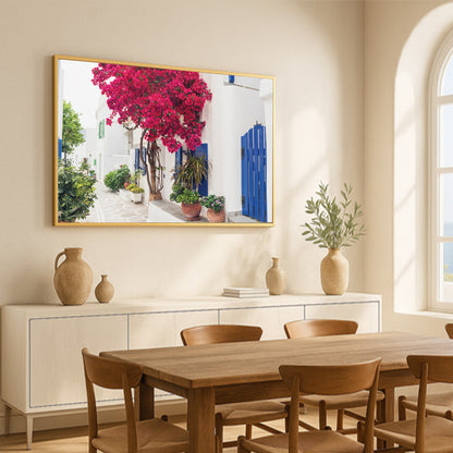 Cycladic Bloom – Bougainvillea Street Wall Art, Greek Island Floral Escape