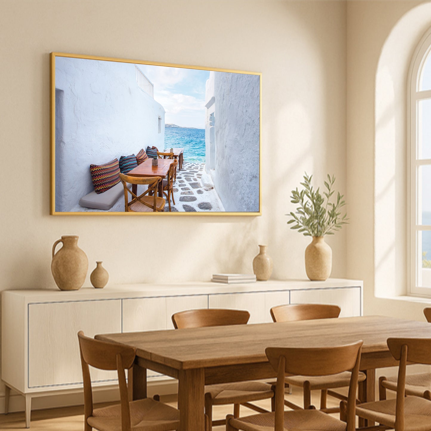 Mykonos Seaside Cafe – Greek Island Alleyway Wall Art, Coastal Dining View