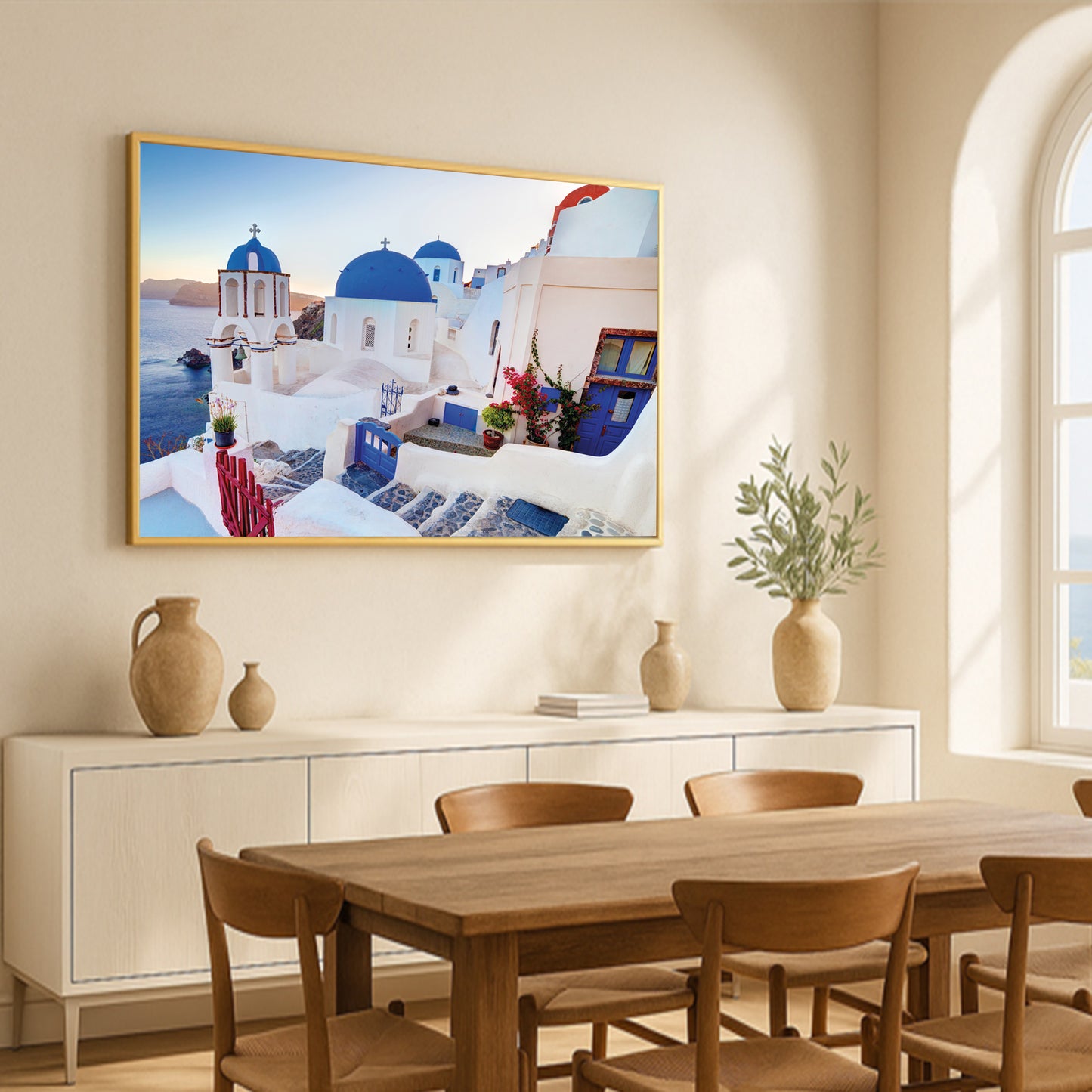 Oia Sunset View – Santorini Dome Church Wall Art, Greece Blue and White Village Decor