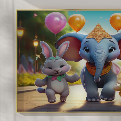 Royal Celebration – 3D-Style Elephant and Friends Wall Art