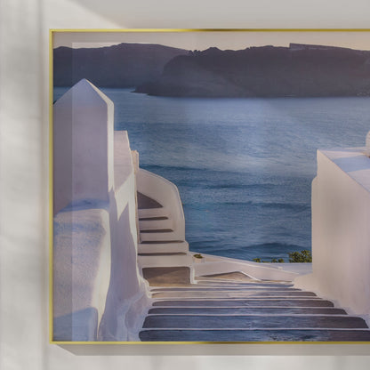 Elegant Staircase in Santorini – Sunset View Over Aegean Horizon