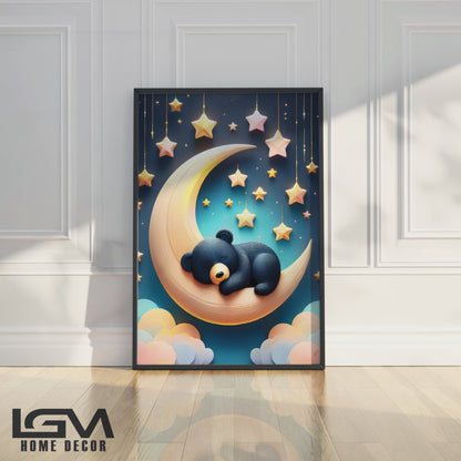 Sleeping Black Bear on Crescent Moon – Dreamy Nursery Wall Art