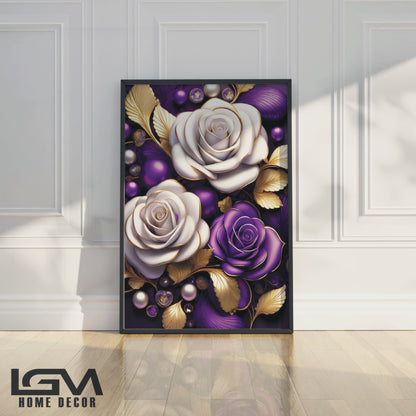 Elegant Purple & White Rose Metal Framed Wall Art – Modern Luxury Décor