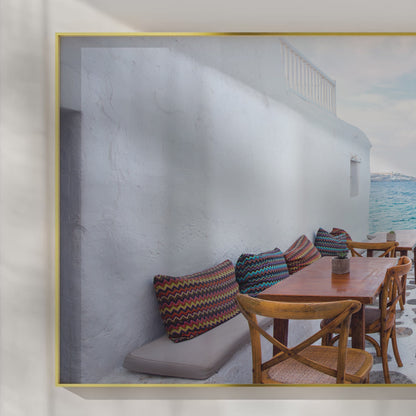 Mykonos Seaside Cafe – Greek Island Alleyway Wall Art, Coastal Dining View