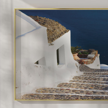 Santorini Steps – Greek Island Stone Path Wall Art, Aegean Sea View