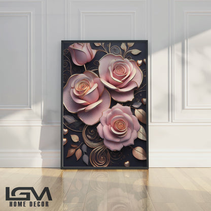 Classic Pink Rose Metal Framed Wall Art – Romantic Luxury Décor