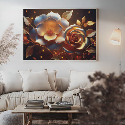 Golden Rose & Light Bloom Metal Framed Wall Art – Radiant Luxury Design