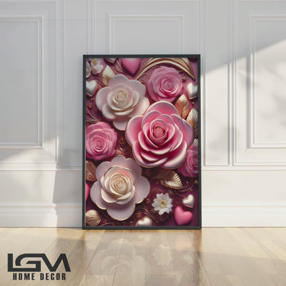 Romantic Pink & White Rose Metal Framed Wall Art – Luxury Floral Design