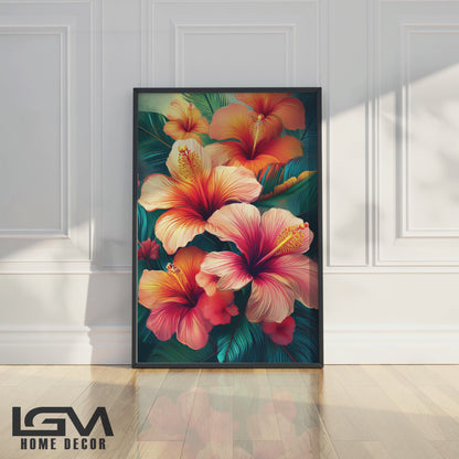 Vibrant Tropical Hibiscus Metal Framed Wall Art – Exotic Floral Décor