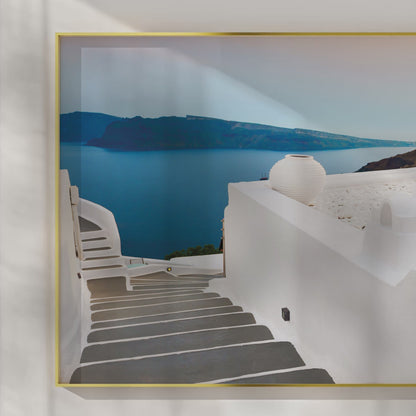 Santorini Cliffside Steps – Aegean Sea View Wall Art, Greek Island Architecture