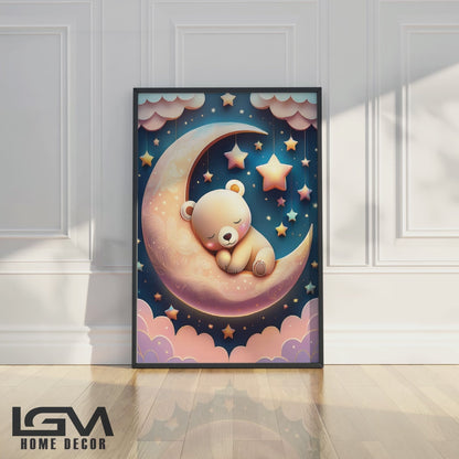 Golden Moon & Sleeping Brown Bear – Gentle Night Sky Wall Art for Nursery Decor