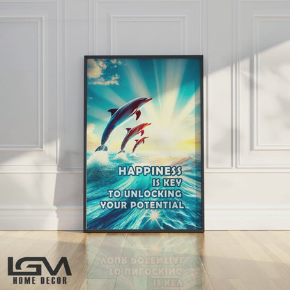 Happiness Unleashed – Dolphin Sunrise Inspirational Wall Art