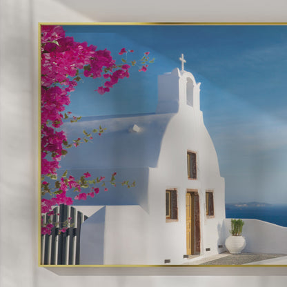 Santorini Cliffside Chapel Wall Art – Aegean Sea View with Bougainvillea Blossoms